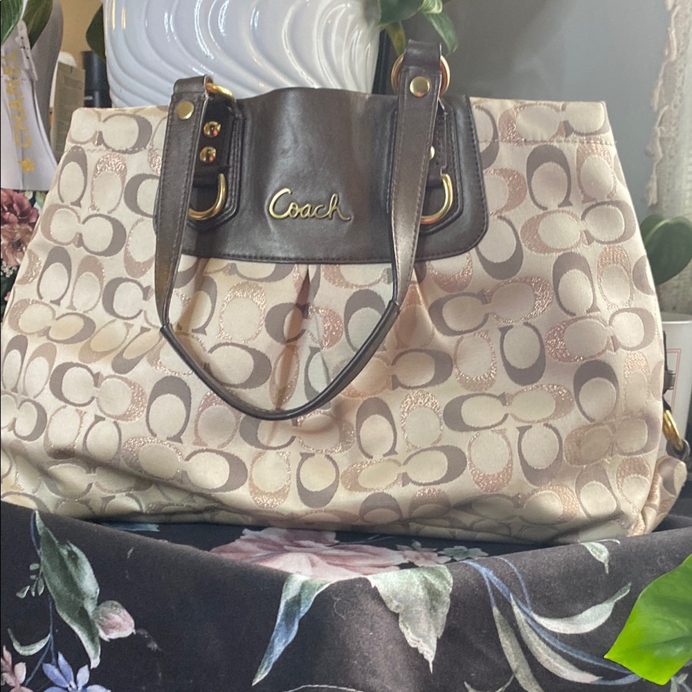 Coach Cream and Brown Signature Tote Bag